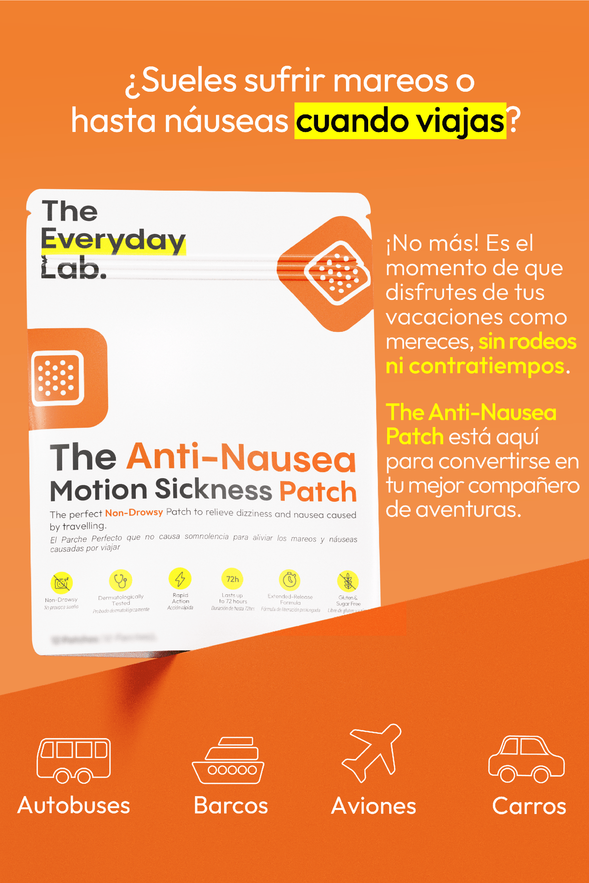 Parche para el Mareo Travel Size de The Everyday Lab en empaque compacto con 6 parches anti náuseas transdérmicos para viajes.