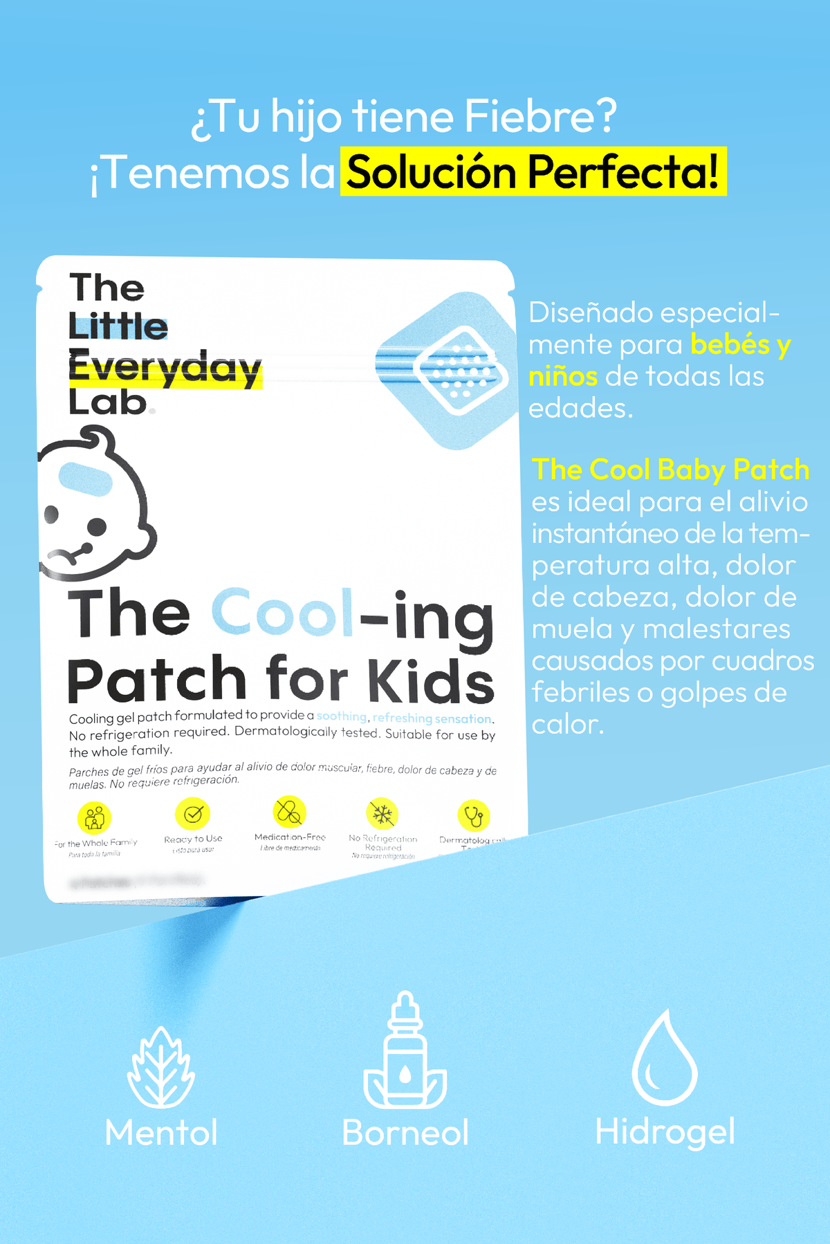 Parche Frío Travel Size para niños en empaque compacto con 2 unidades, alivia fiebre y golpes de calor sin medicamentos