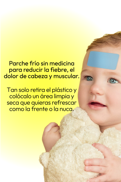 Parche Frío Travel Size para niños, paquete compacto de 2 unidades que alivian fiebre y golpes de calor sin medicamentos.