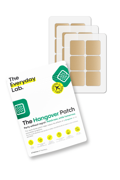 Paquete de parches transdérmicos anti cruda tamaño viaje con vitaminas y electrolitos de The Everyday Lab