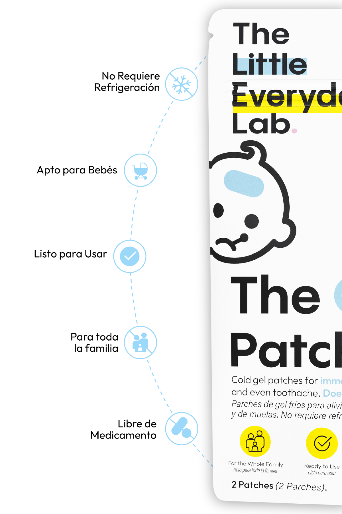 Parche Frío Travel Size para niños en empaque compacto de dos piezas, alivio refrescante sin medicamentos.