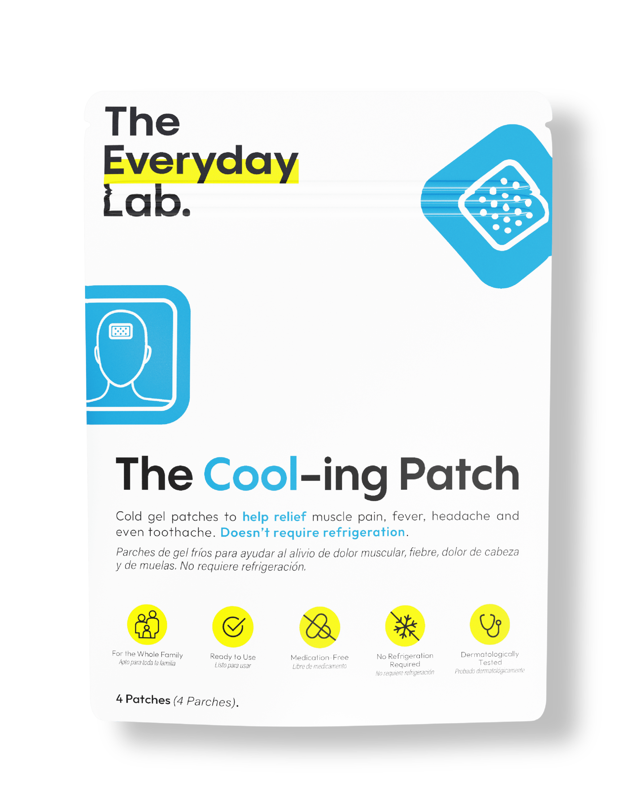 Parche frío para dolor The Cool-ing Patch gel frío para fiebre, dolor de cabeza y migraña para adultos y niños sin refrigeración.