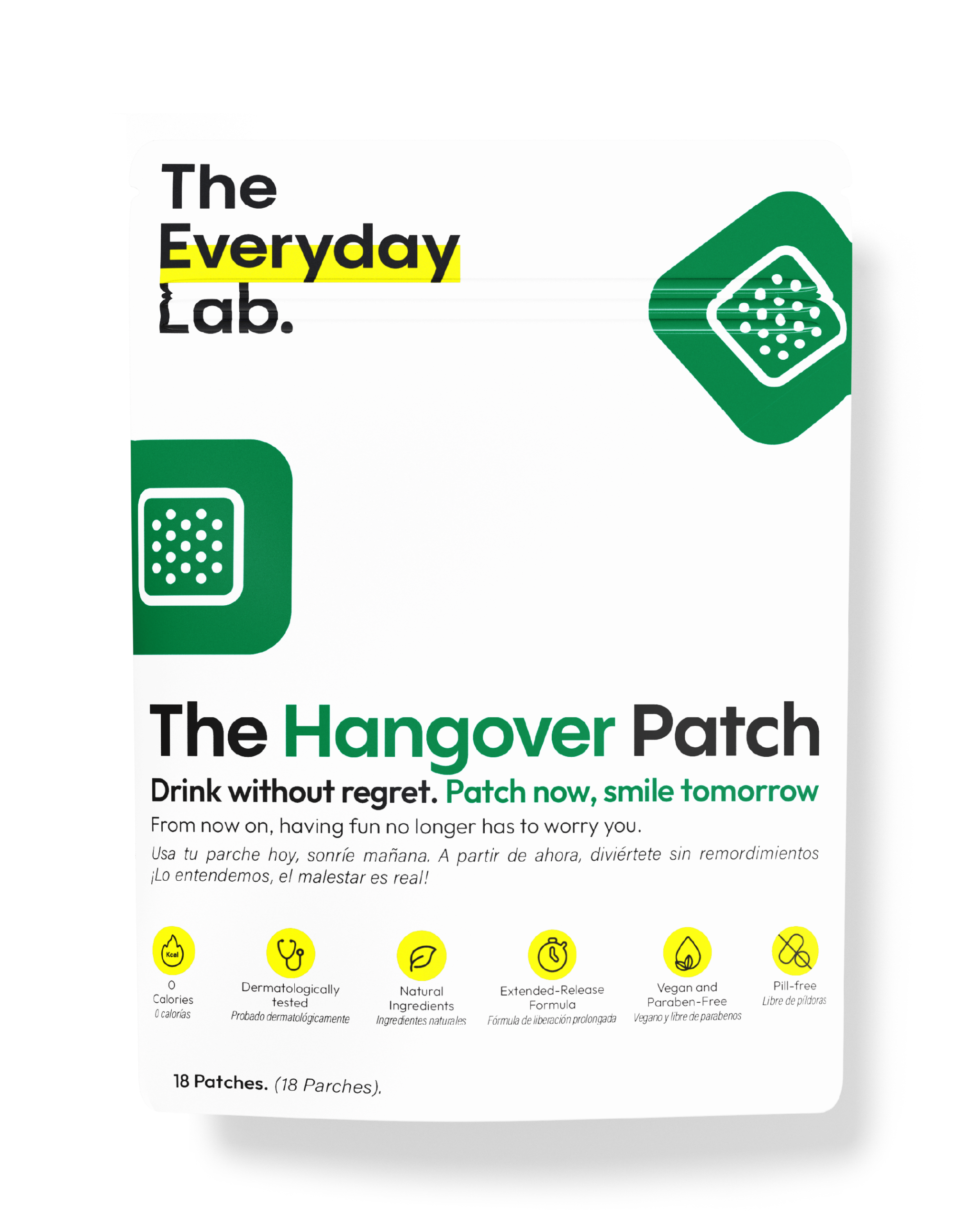 Parche anti cruda Hangover Recovery & Prevention Patch para prevenir y aliviar resacas con vitaminas y electrolitos.