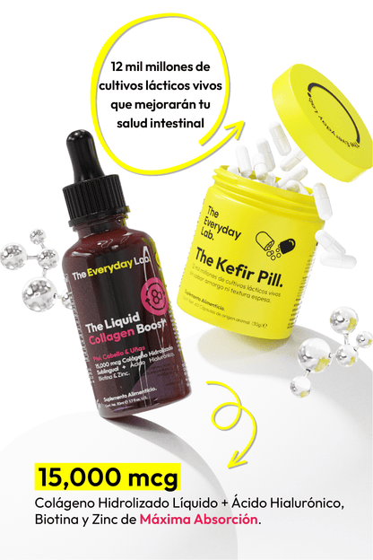 Productos The Gut & Glow para mejorar microbioma y piel con colágeno sublingual y Kefir Pill probiótico