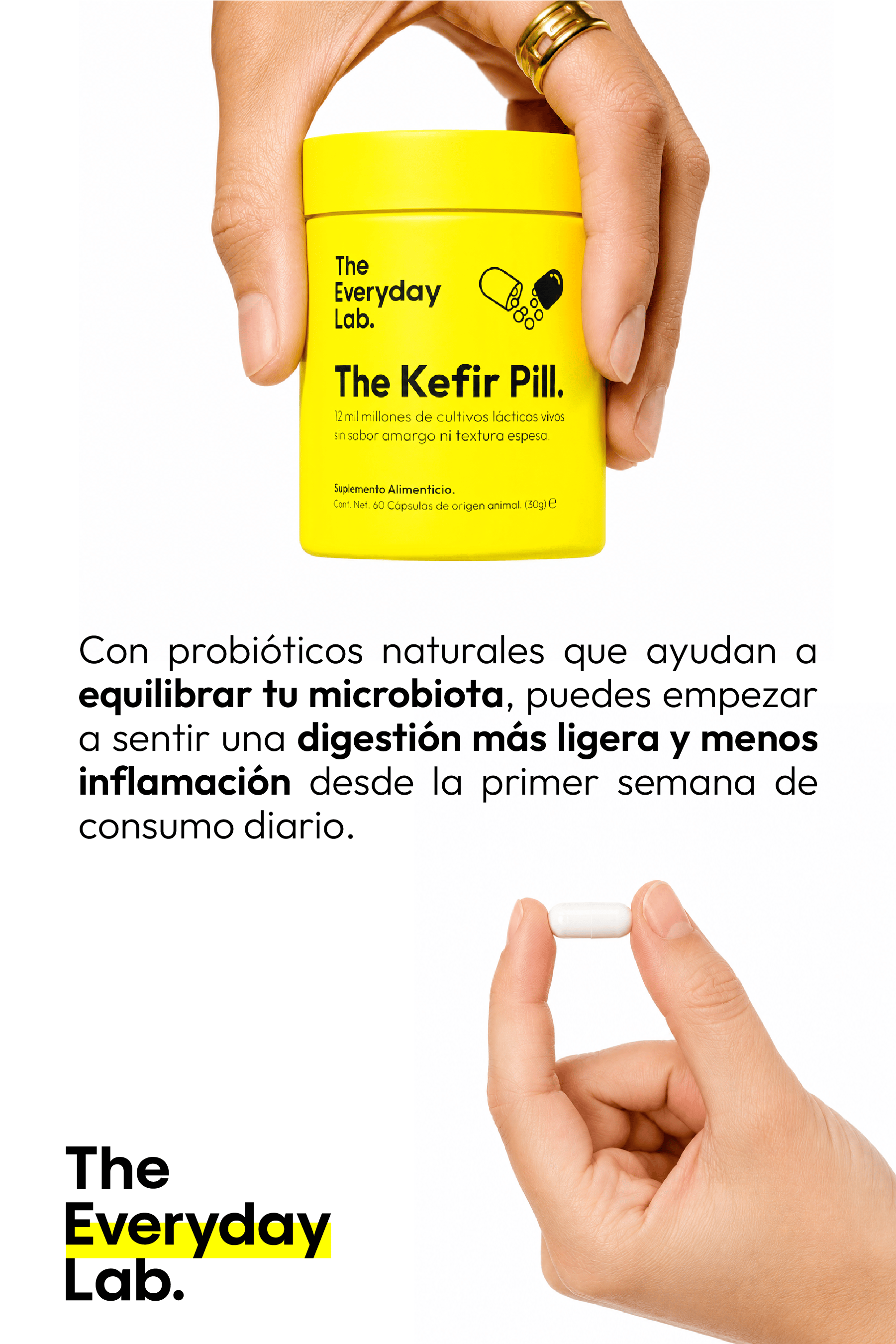 Frascos de The Gut & Glow con colágeno líquido y cápsulas de probióticos para cuidado intestinal y piel