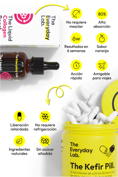 The Gut & Glow colágeno sublingual y cápsulas de kéfir para mejorar piel e intestino