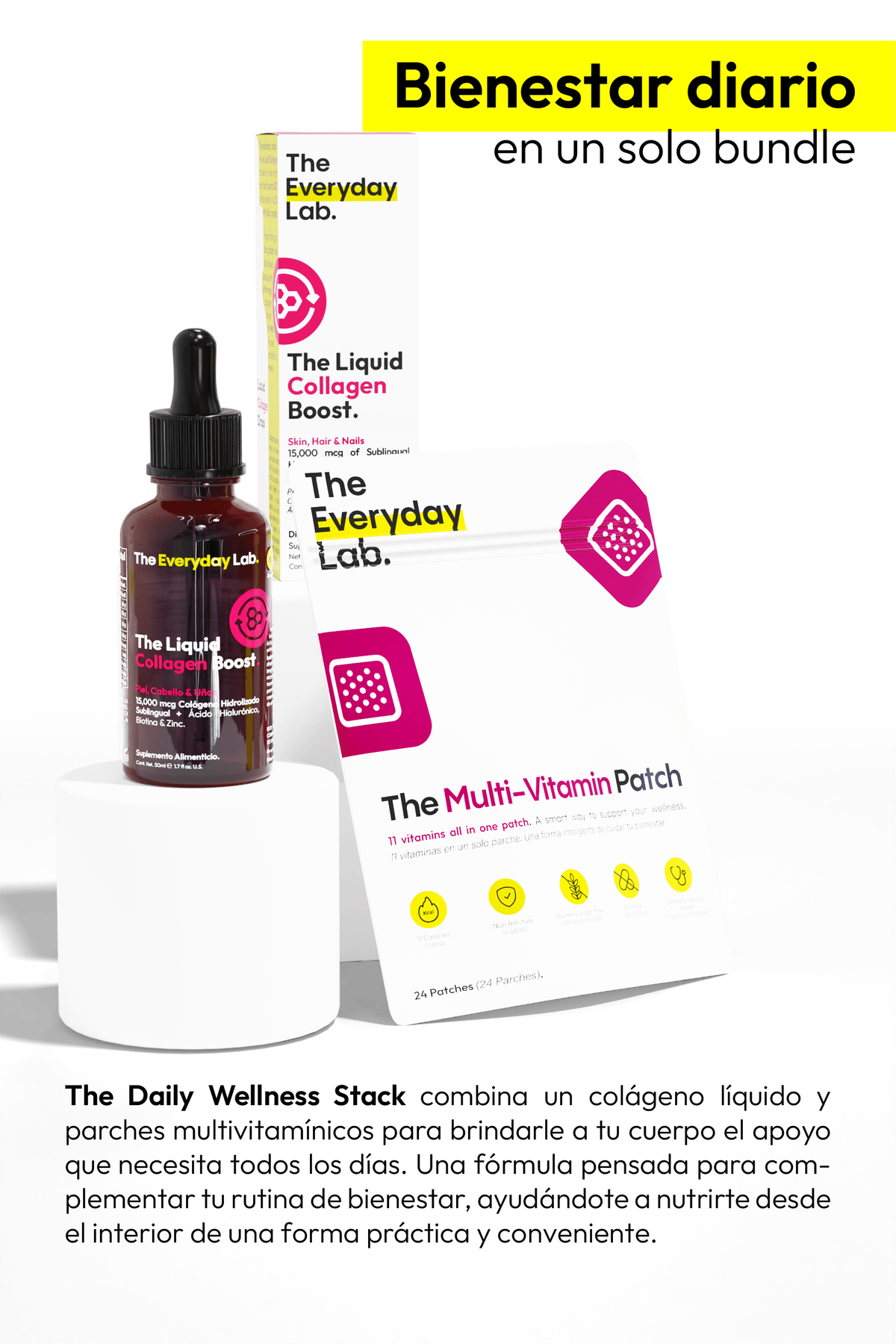 Botella de colágeno líquido sublingual junto a parche multivitamínico para bienestar diario