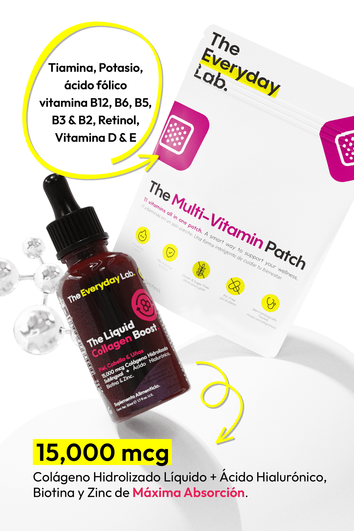 Colágeno Líquido sublingual y parche multivitamínico para belleza y bienestar diario